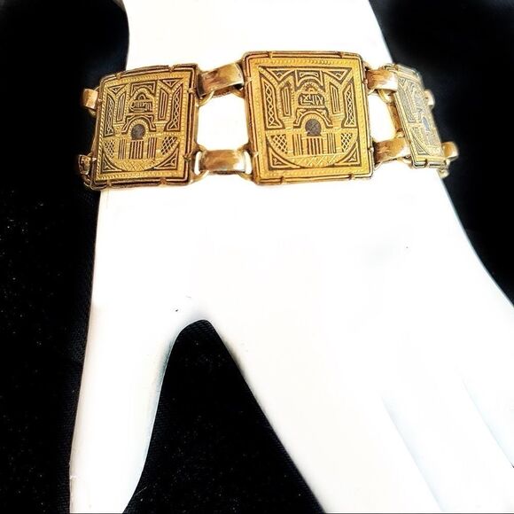 Art Deco Antique bracelet Am Double gold black design safety chain elegant - Picture 6 of 9